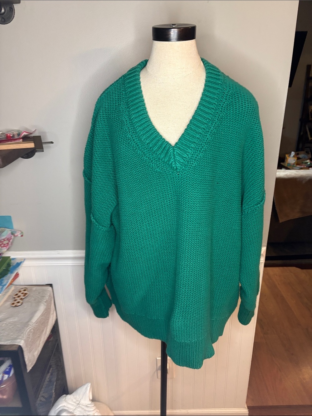 Free People Teal Green V-Neck Oversized Knit Sweater